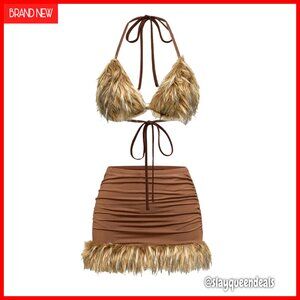 Faux Fur 2-Piece Set: Halter Crop Top & Ruched Skirt, Backless Tie